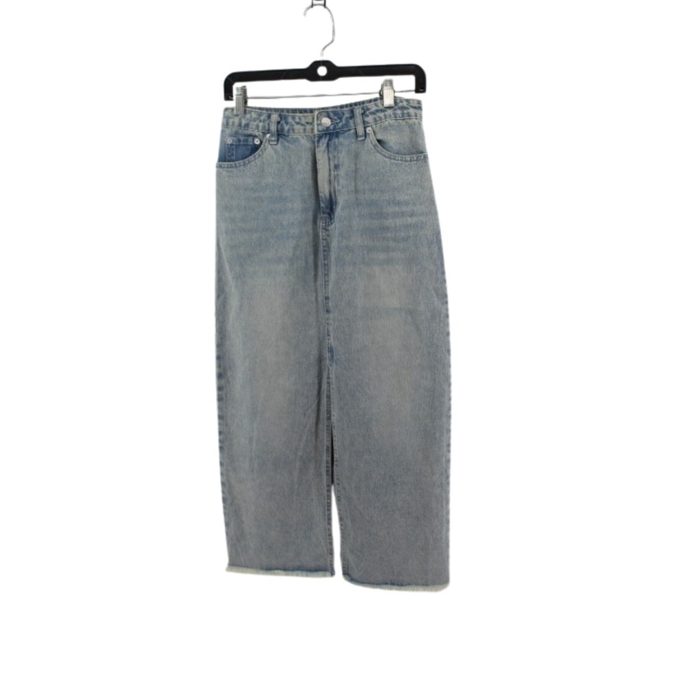 Mustard Seed Denim Midi Skirt Women's Medium Front Slit Frayed Hem Blue